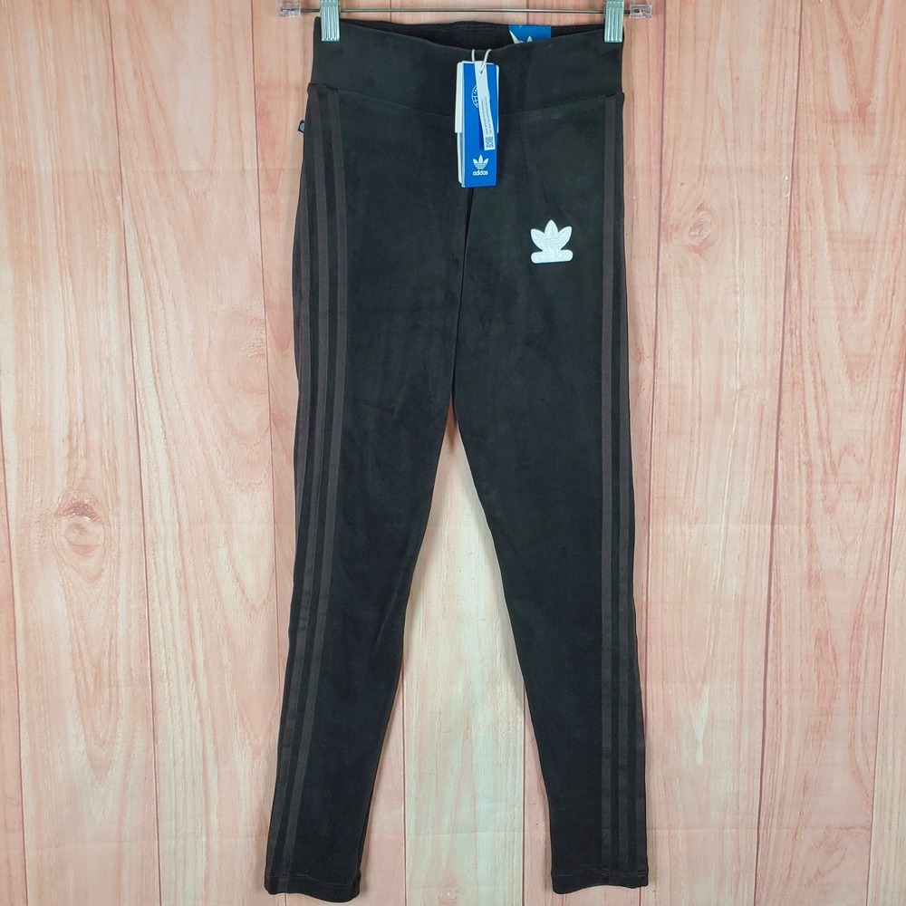Adidas Originals Velour Leggings Womens XS Brown 3 Stripes Logo Stretch Mid Rise